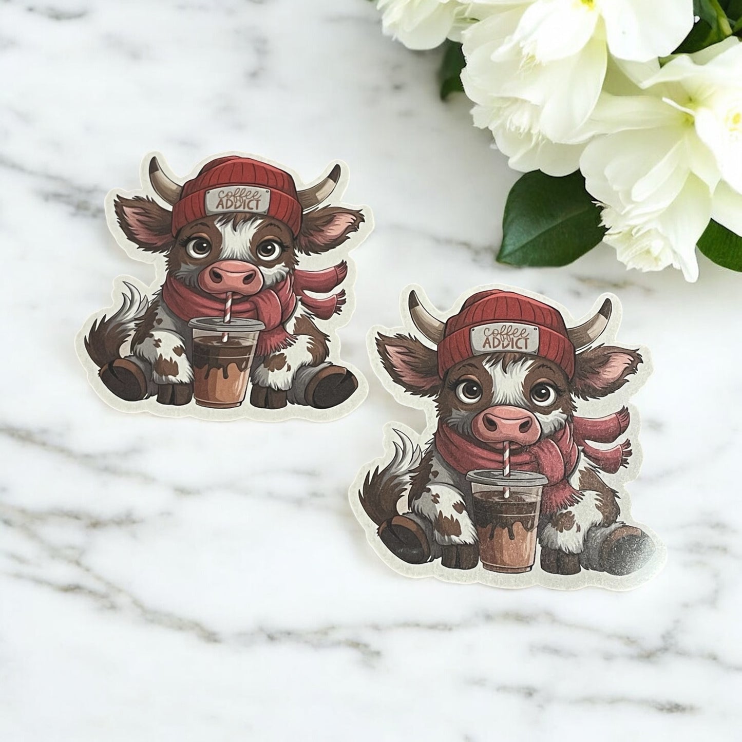 Coffee Addict Highland Cow Vinyl Sticker ,Laptop, scrapbook, junk journal ,crafts, Water Bottle