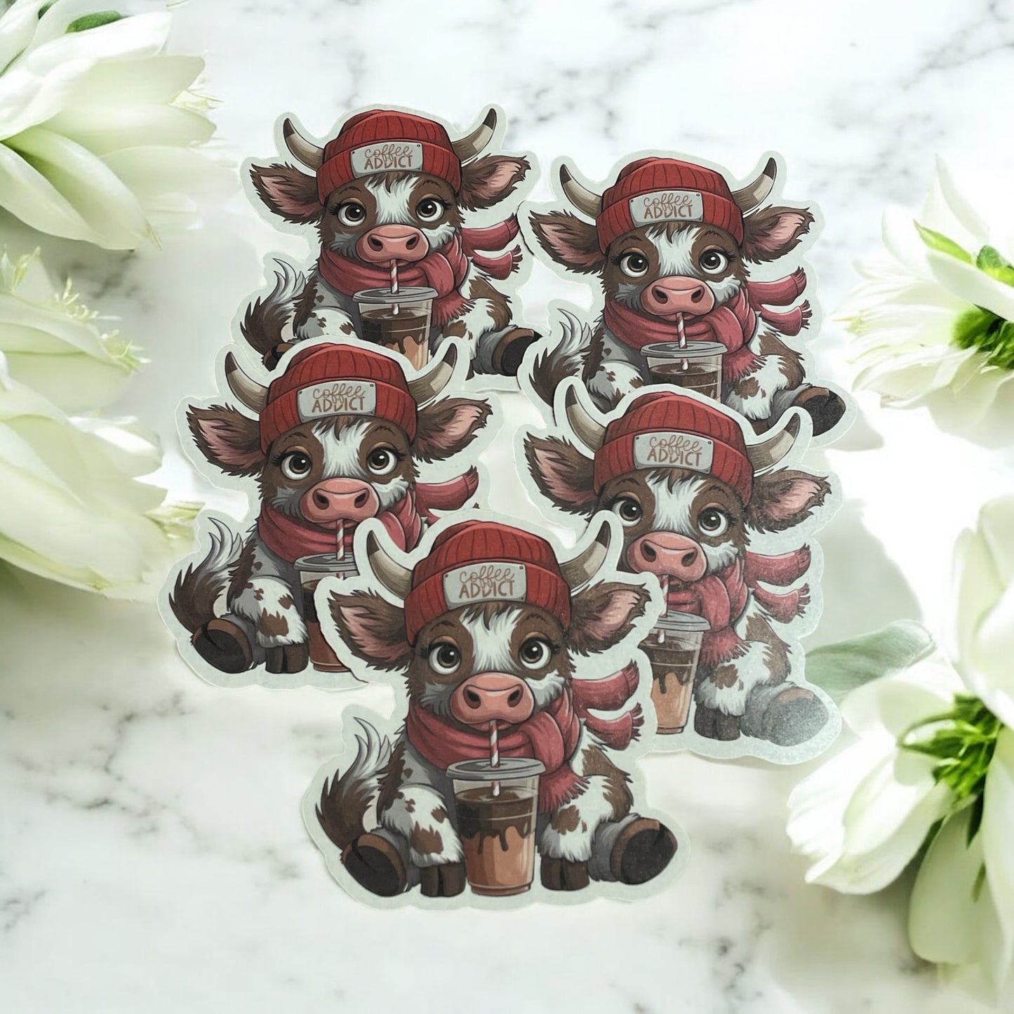 Coffee Addict Highland Cow Vinyl Sticker ,Laptop, scrapbook, junk journal ,crafts, Water Bottle