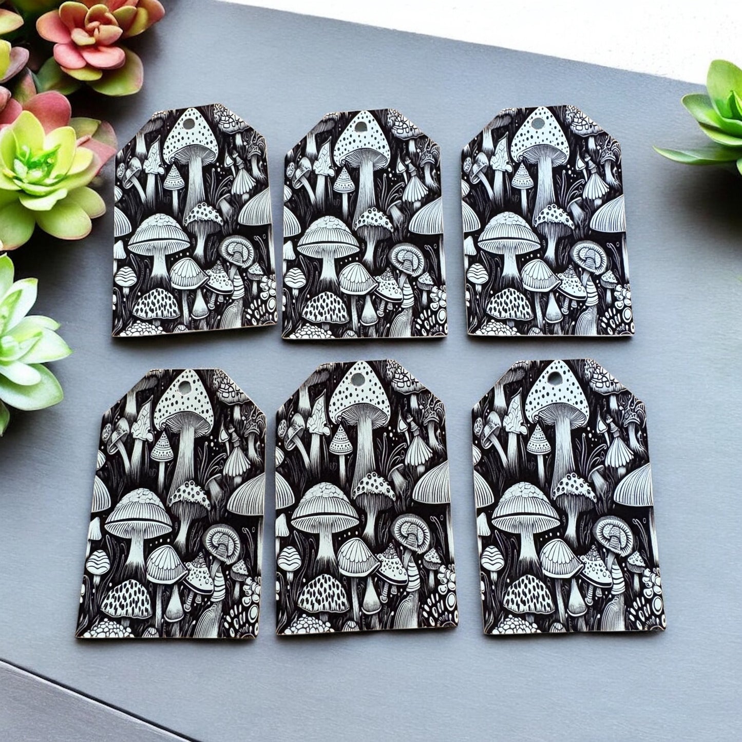 12 X Black & White Mushrooms Gift Tags, Gift Wrapping, Luggage Tags, Card Making