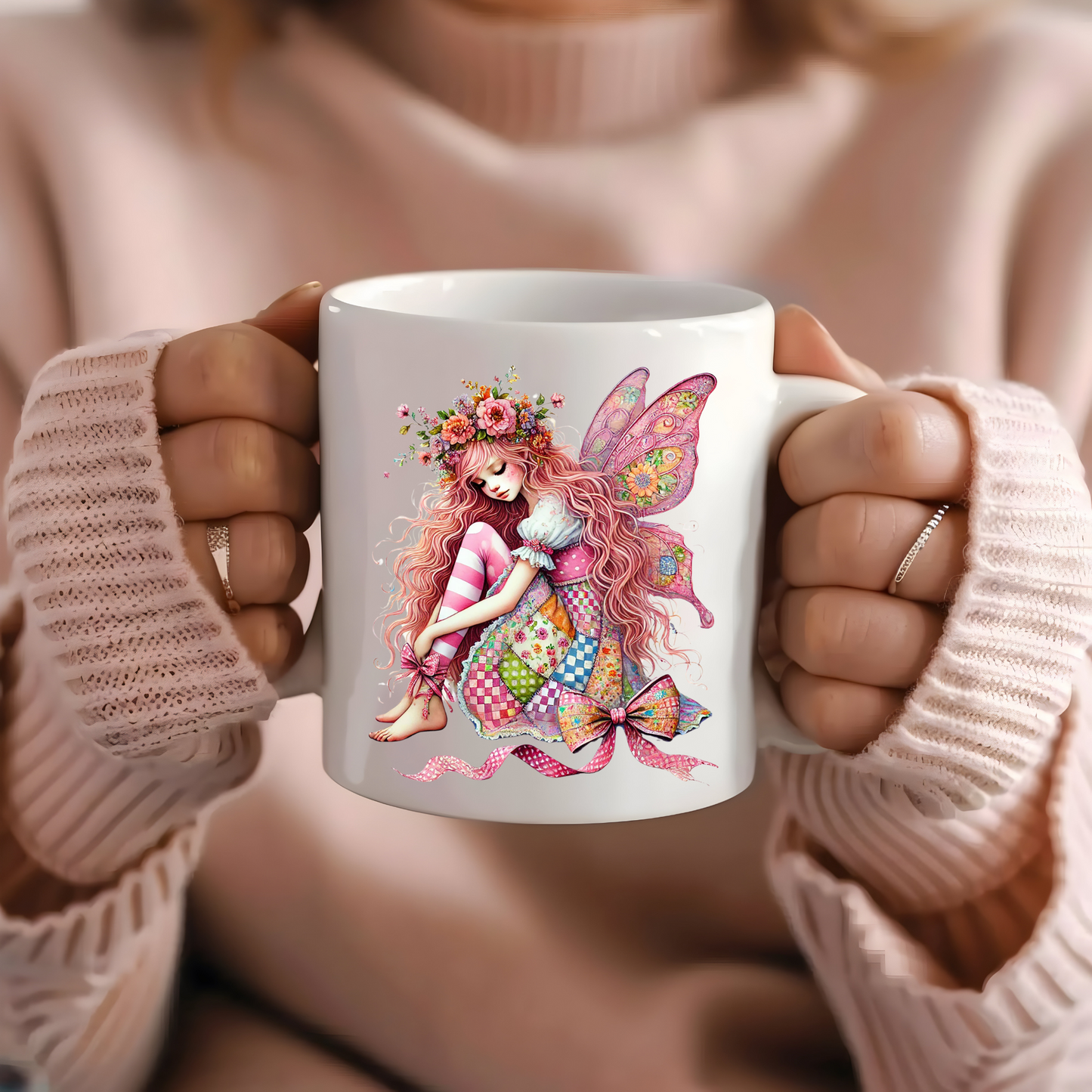 Whimsical Pink Fairy Coffee Mug - Magical Floral Fairy Art Gift for Fantasy Lovers