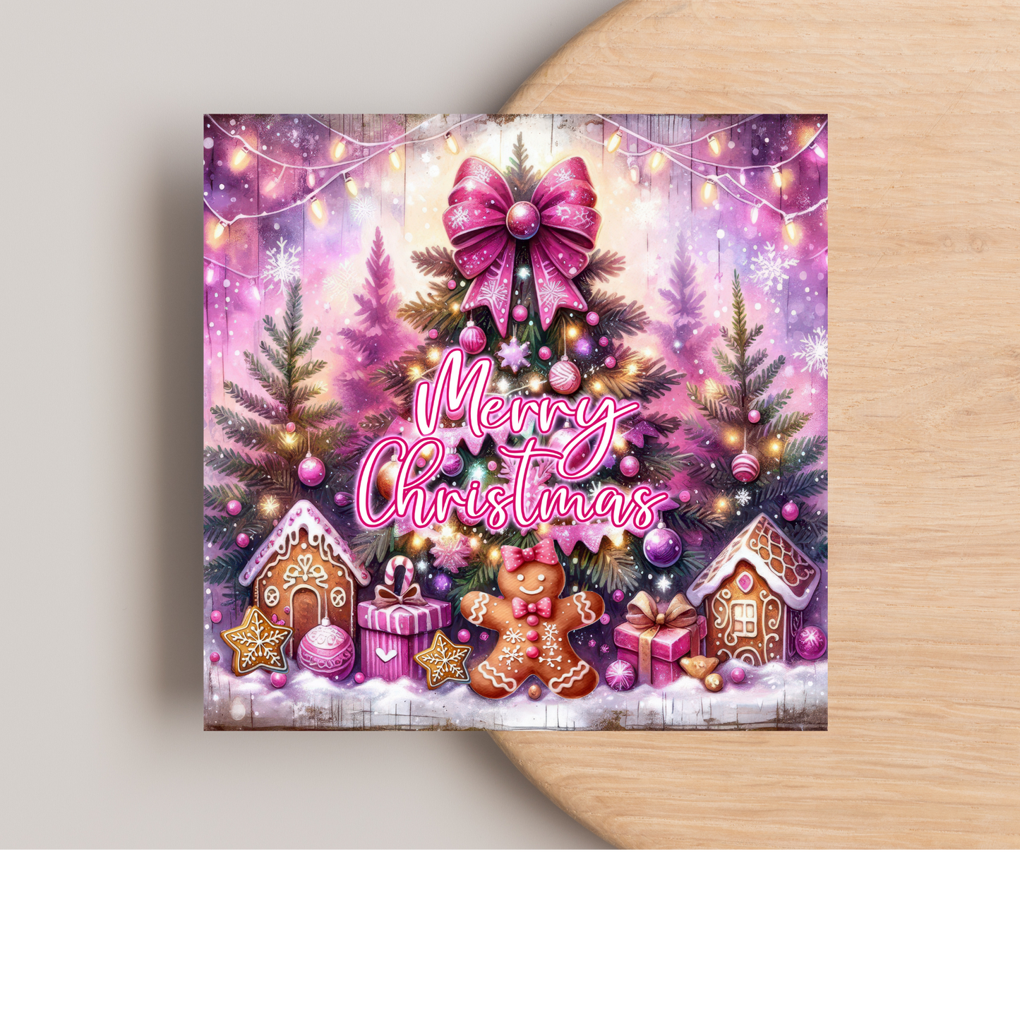 Pink Merry Christmas Greeting Card –Illustrated Blank Birthday Card