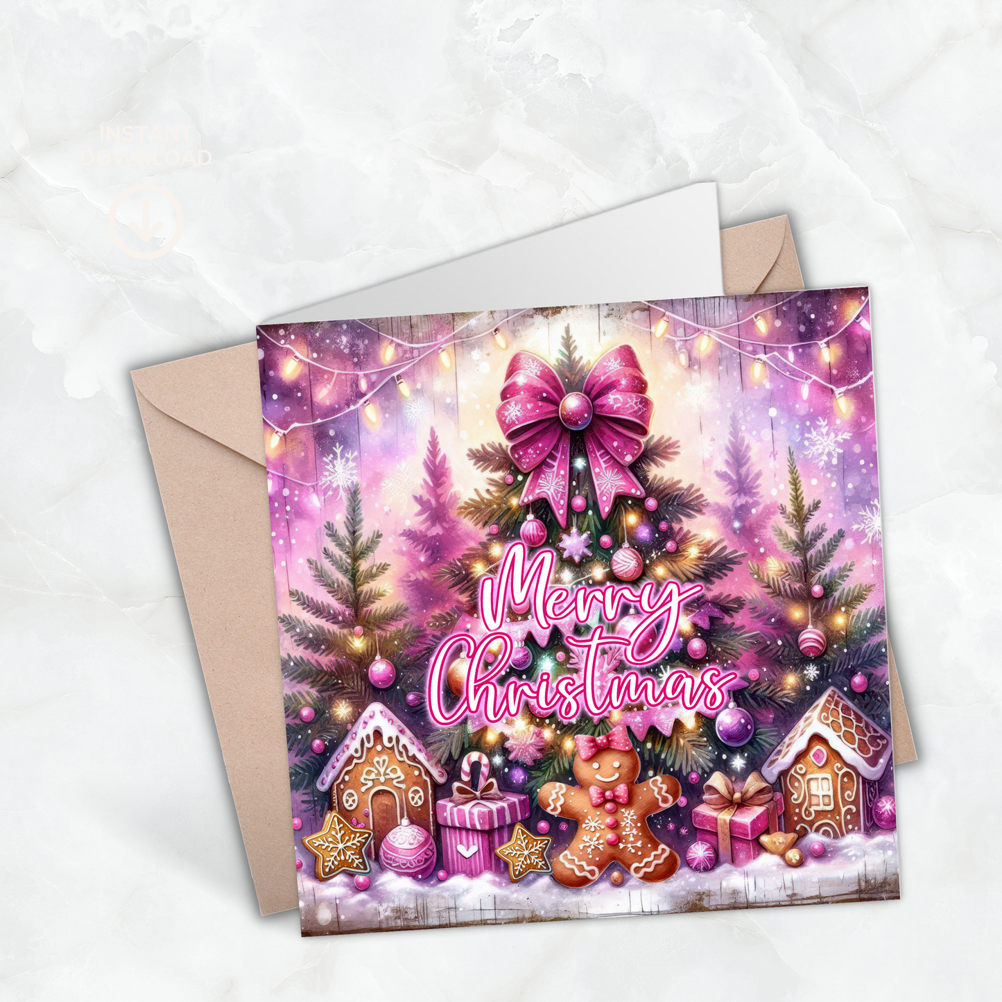 Pink Merry Christmas Greeting Card –Illustrated Blank Birthday Card