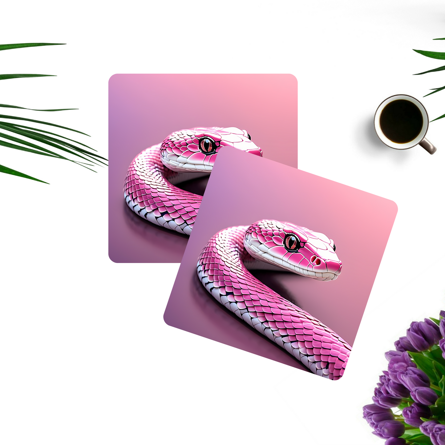 Pink Snake Wooden Square Coasters