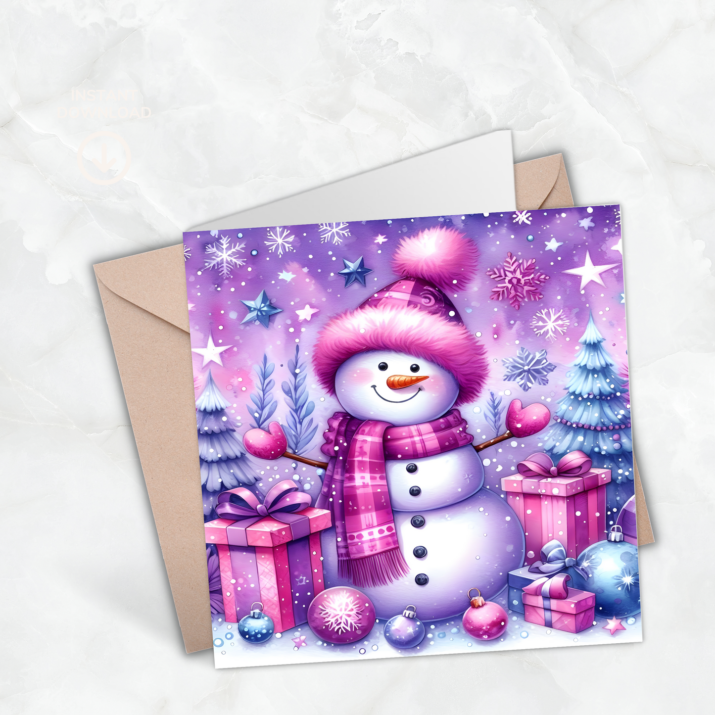 Pink Snowman Greeting Card –Illustrated Blank Birthday Card