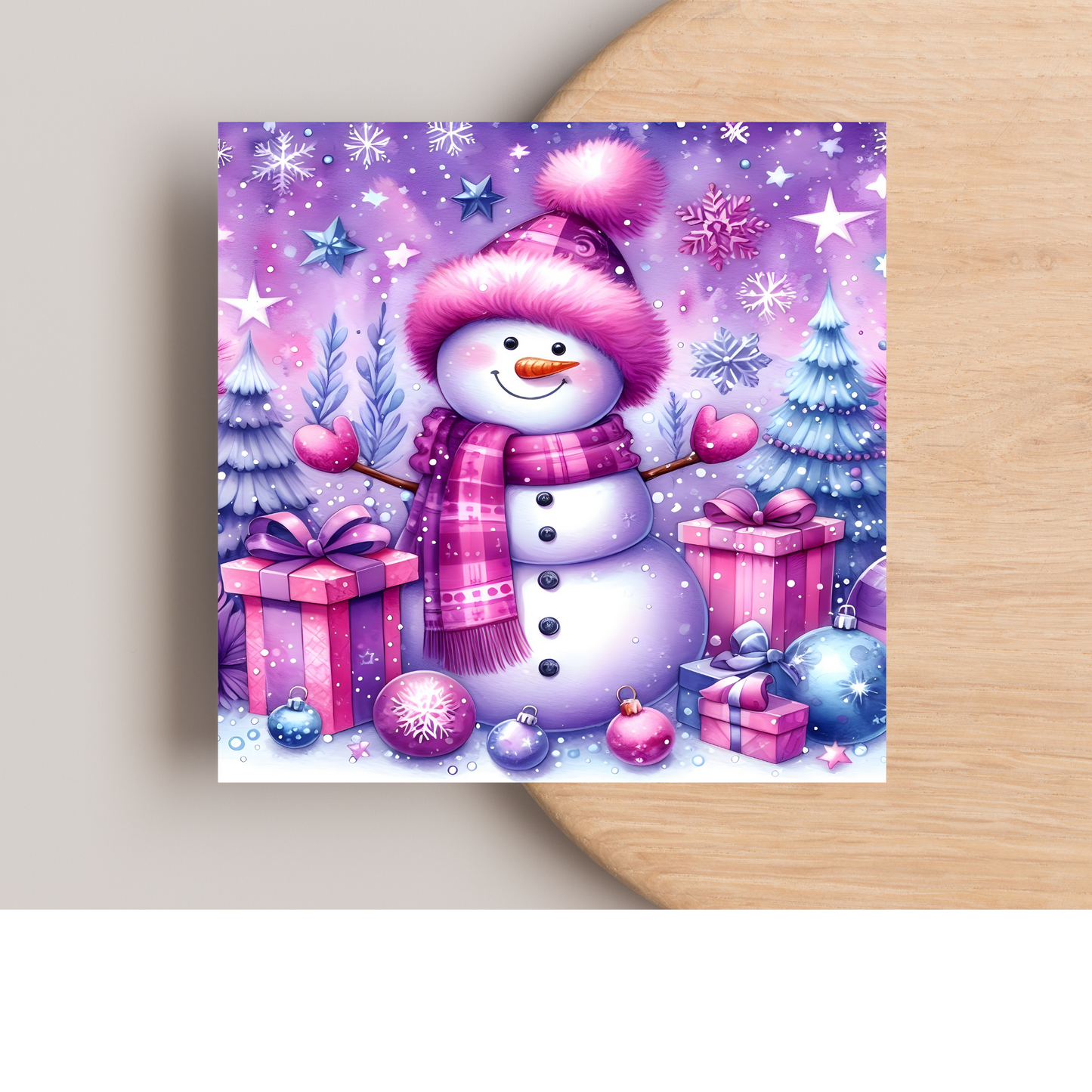 Pink Snowman Greeting Card –Illustrated Blank Birthday Card