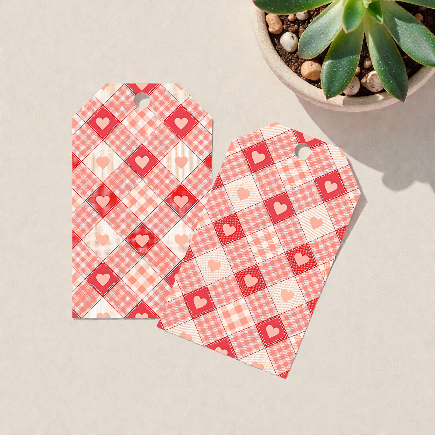 12 X Pink Checkered Hearts Gift Tags, Gift Wrapping, Luggage Tags, Card Making