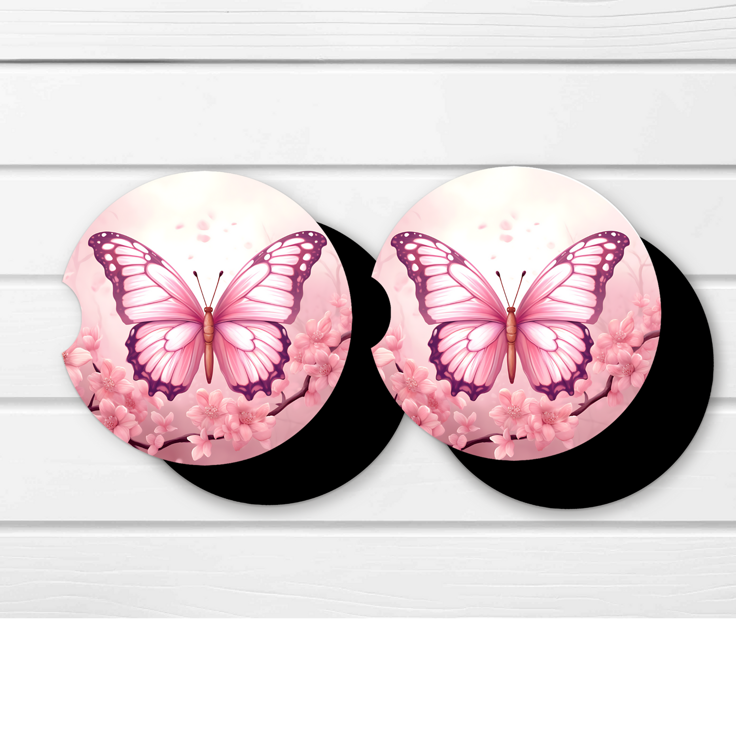 Premium Neoprene Car Coasters | Drink Holders for Your Car Console - Set of 2 Pink Butterfly Design