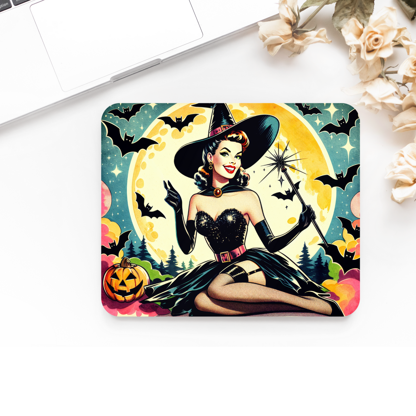 Printed Anti-Slip Mouse Mat Pad - Retro Witch Design