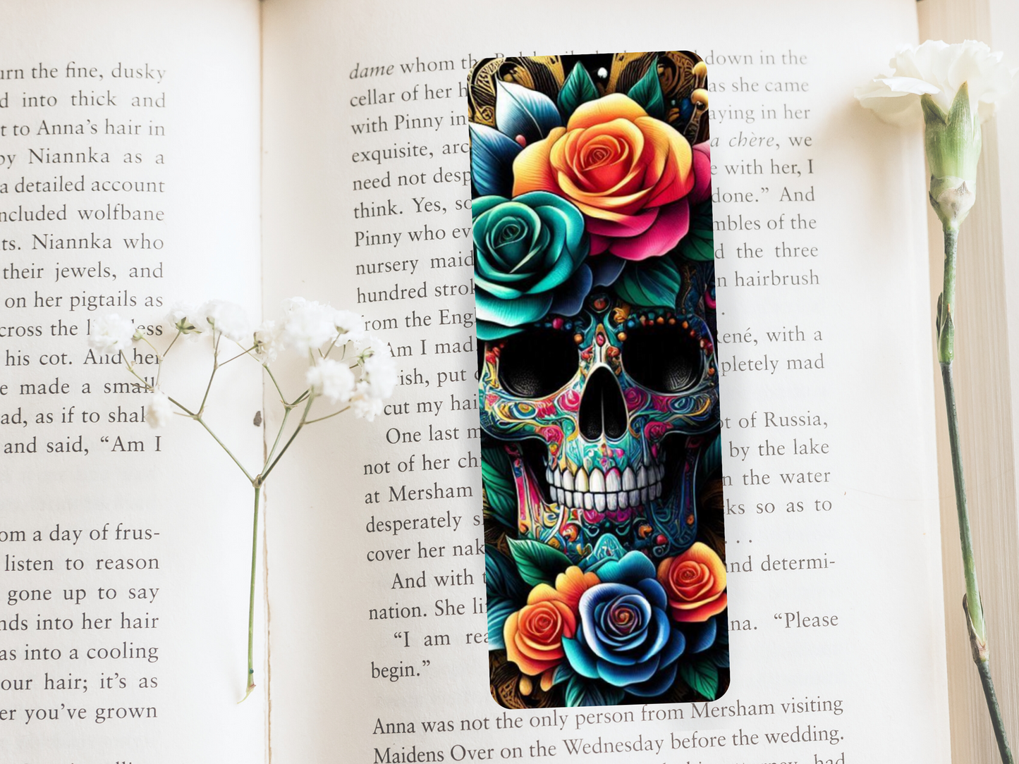 Lovely illustrated Skull and Roses printed bookmark, Page Saver, Book Lover Gift