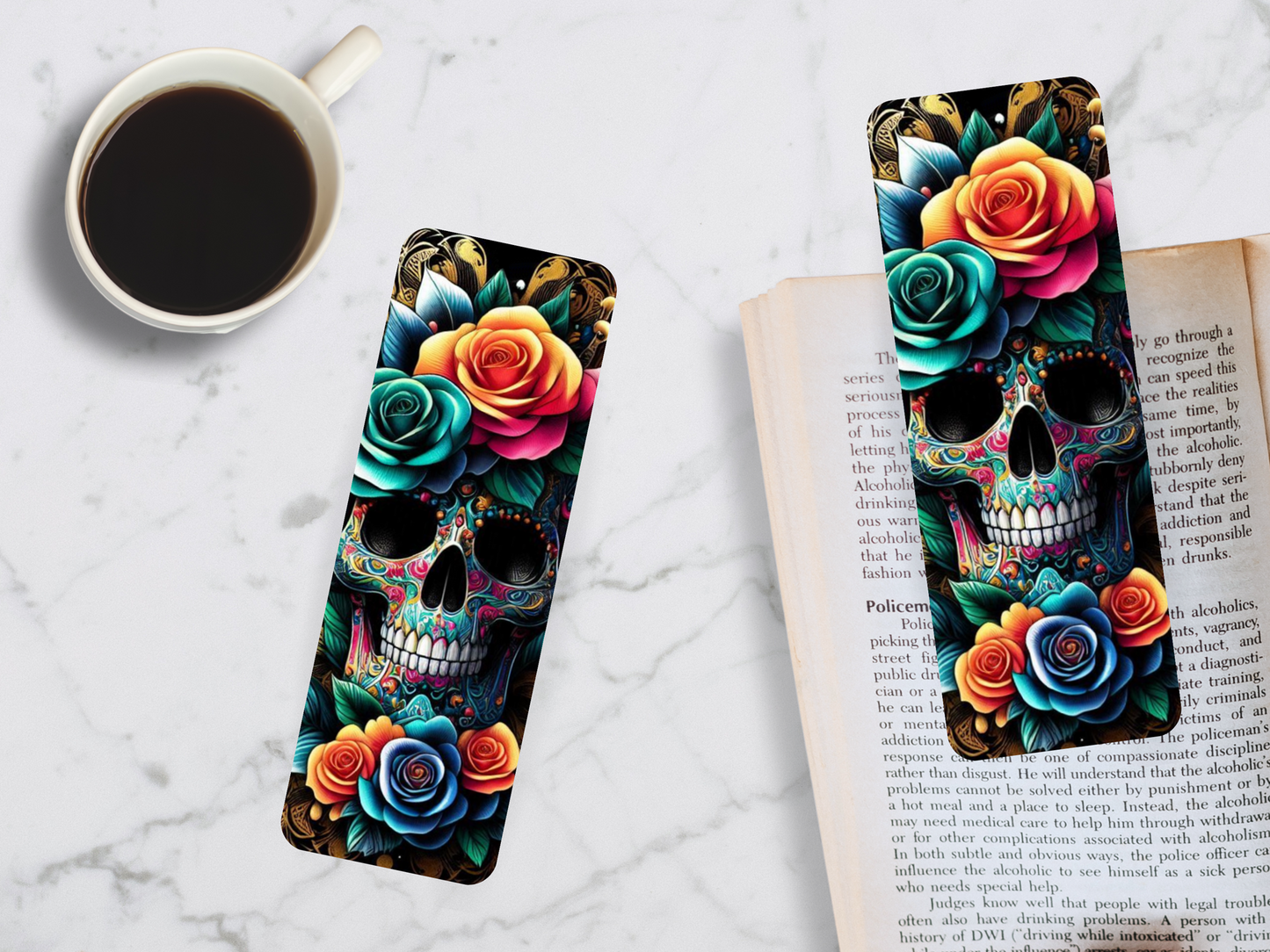 Lovely illustrated Skull and Roses printed bookmark, Page Saver, Book Lover Gift