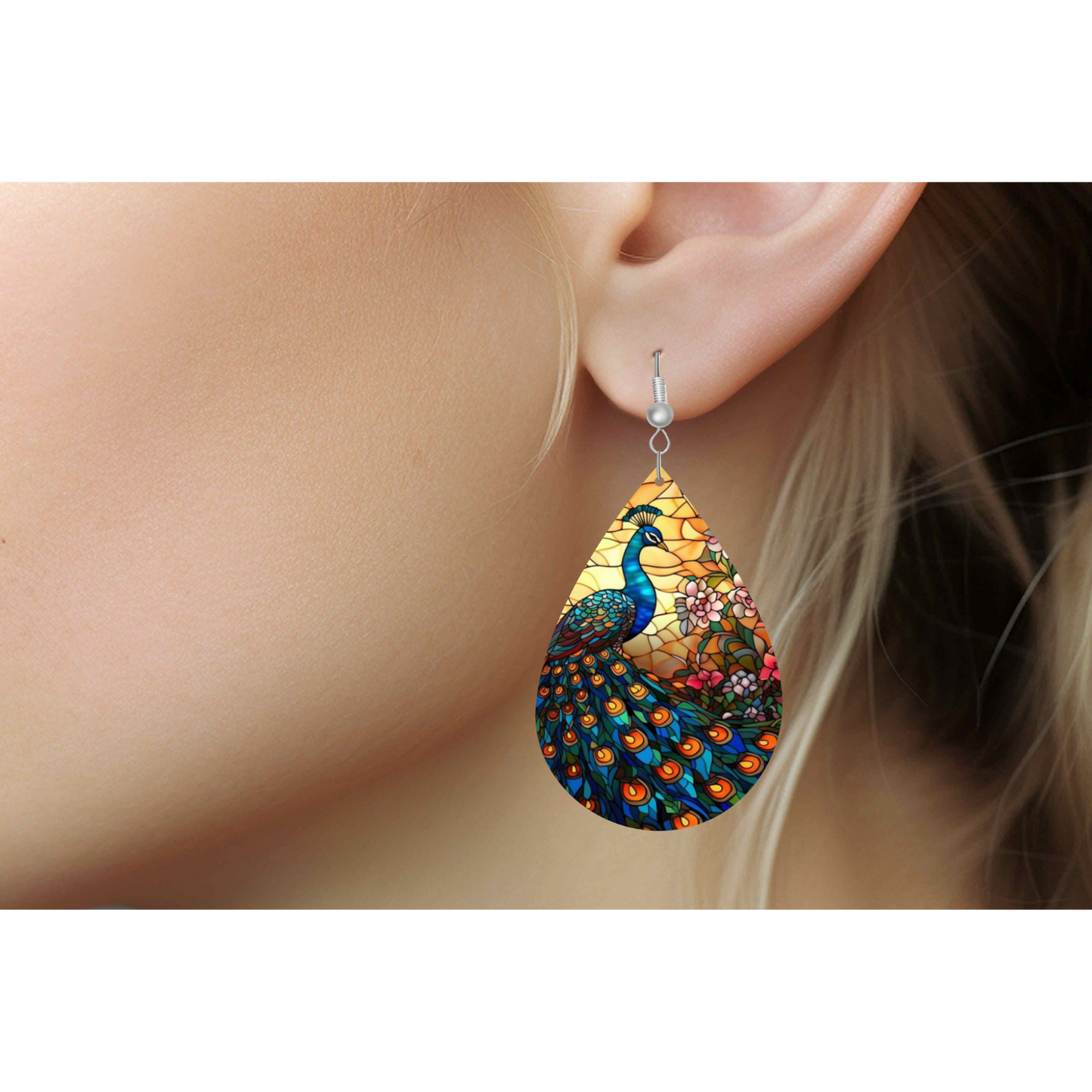 Stylish Stained Glass Peacock Wooden Teardrop Earrings | Handcrafted Statement Jewellery