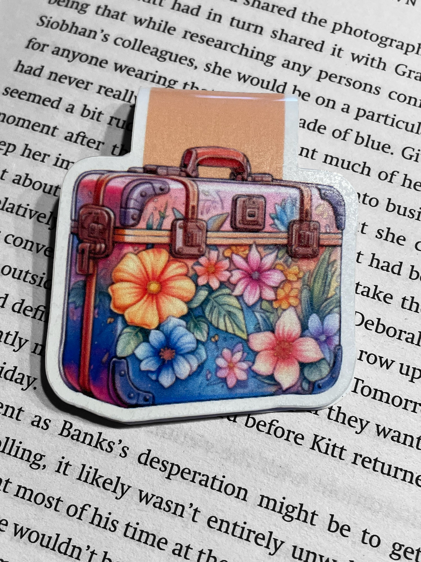 Lovely illustrated printed Suitcase Magnetic bookmark, Page Saver, Book Lover Gift,