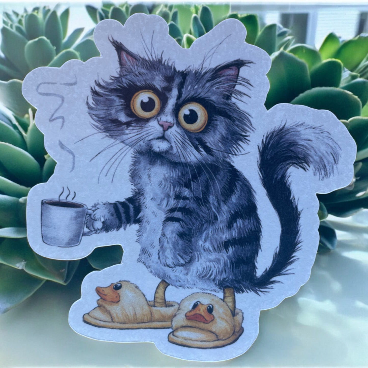 Tired Coffee Cat Vinyl Sticker ,Laptop, scrapbook, junk journal ,crafts, Water Bottle (Copy)