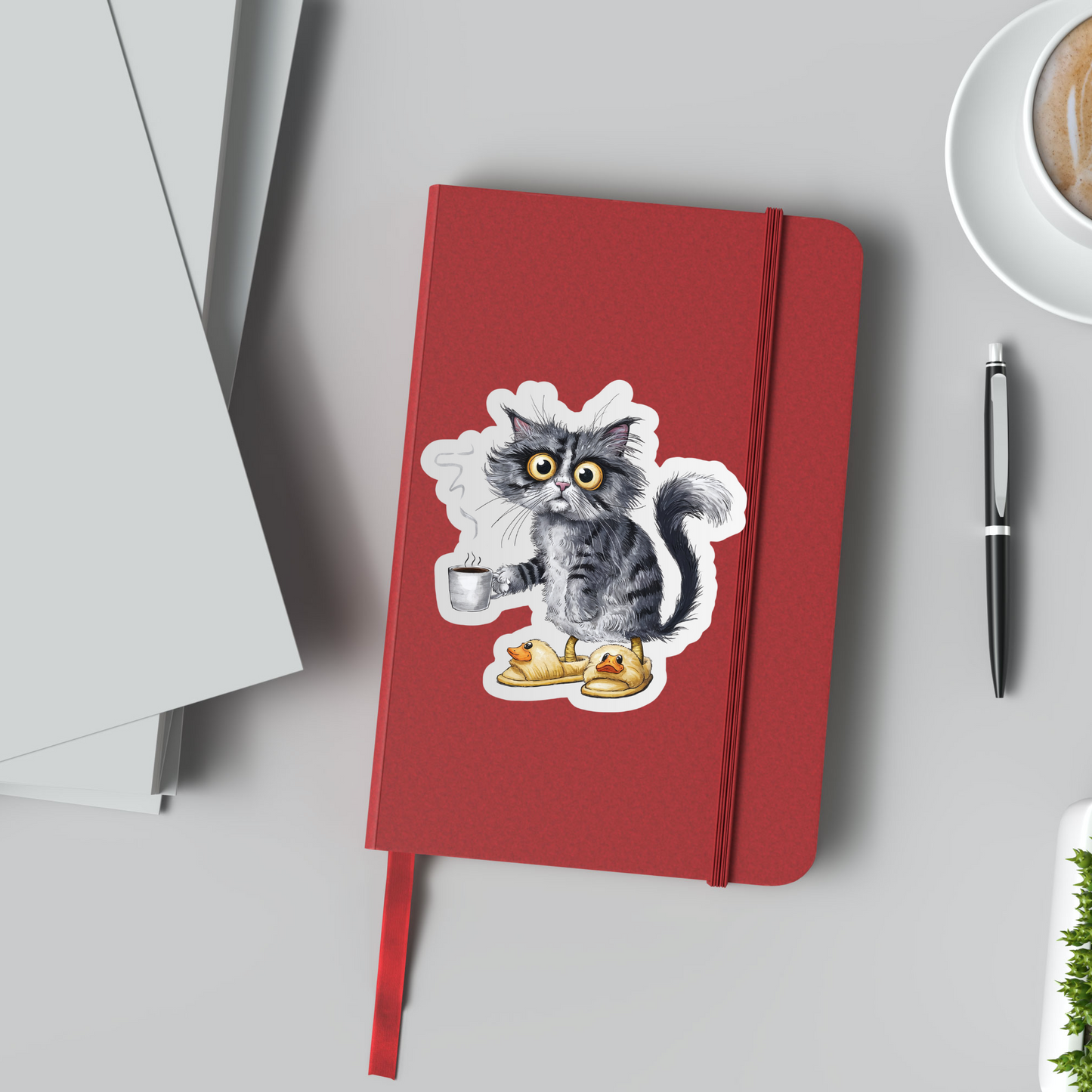 Tired Coffee Cat Vinyl Sticker ,Laptop, scrapbook, junk journal ,crafts, Water Bottle (Copy)