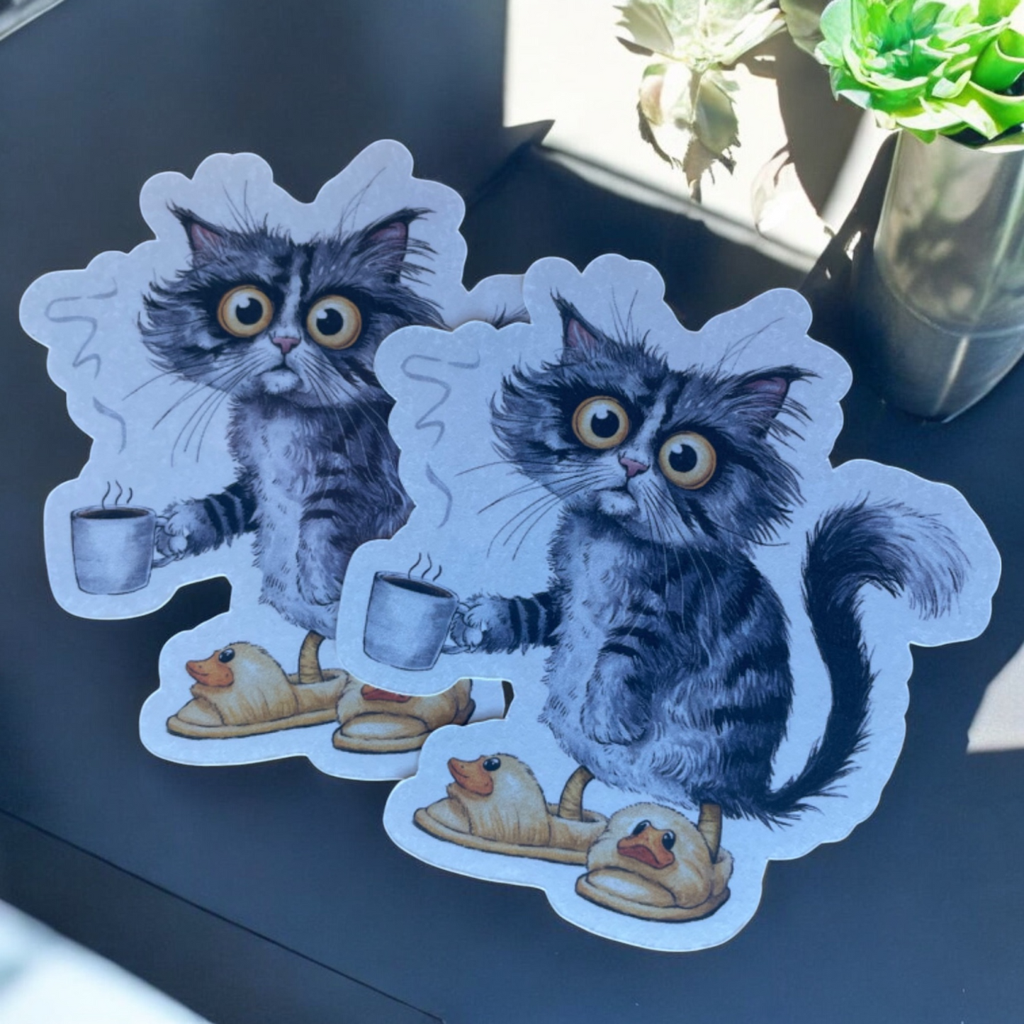 Tired Coffee Cat Vinyl Sticker ,Laptop, scrapbook, junk journal ,crafts, Water Bottle (Copy)