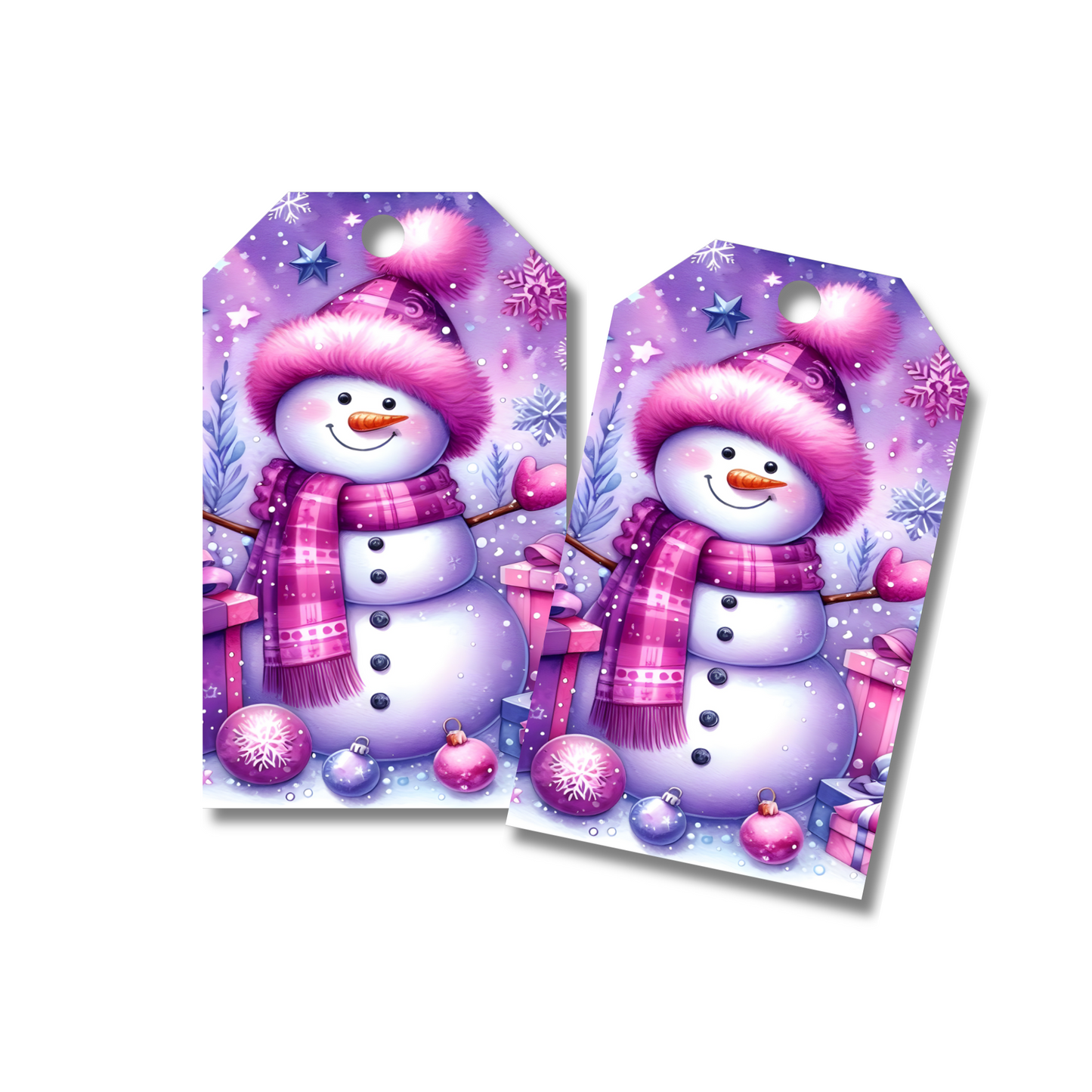 12 X Pink Snowman Gift Tags, Gift Wrapping, Luggage Tags, Card Making