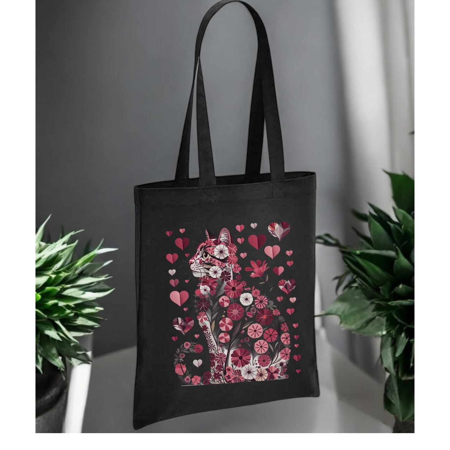 Floral Cats 100% Cotton Canvas Tote Bag ,Reusable Shopping Bag, Eco Friendly