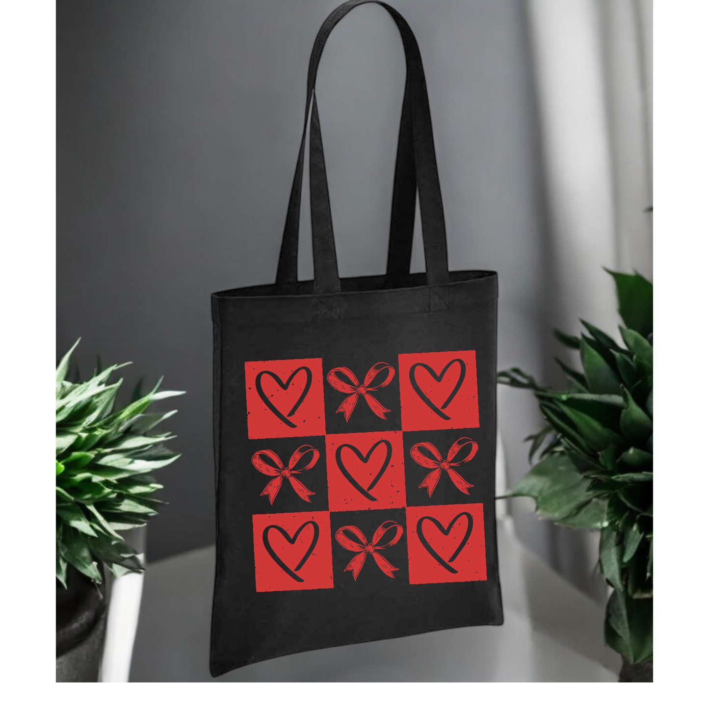 Retro Checkered Hearts 100% Cotton Canvas Tote Bag ,Reusable Shopping Bag, Eco Friendly