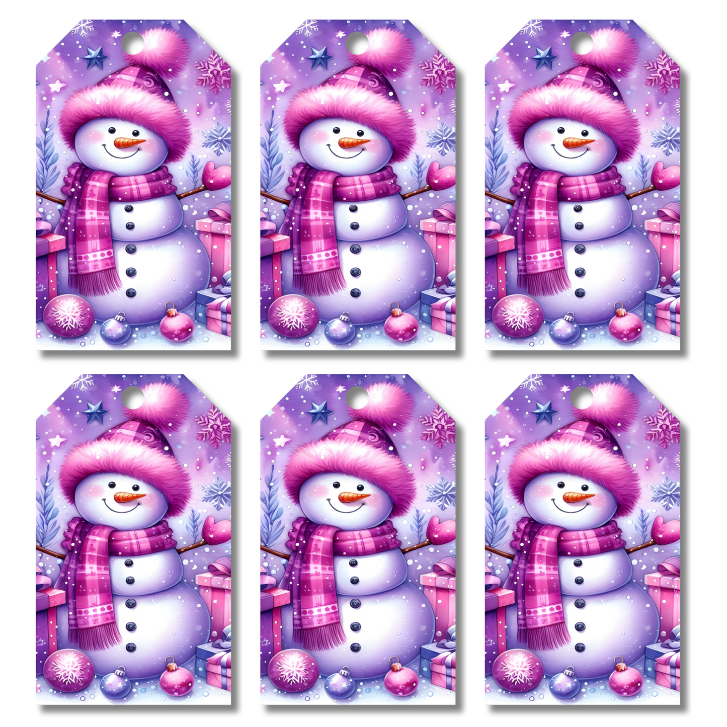 12 X Pink Snowman Gift Tags, Gift Wrapping, Luggage Tags, Card Making