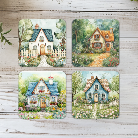 Whimsical Cottage Wooden Square Coasters