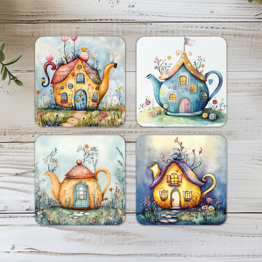 Whimsical Teapot Wooden Square Coasters