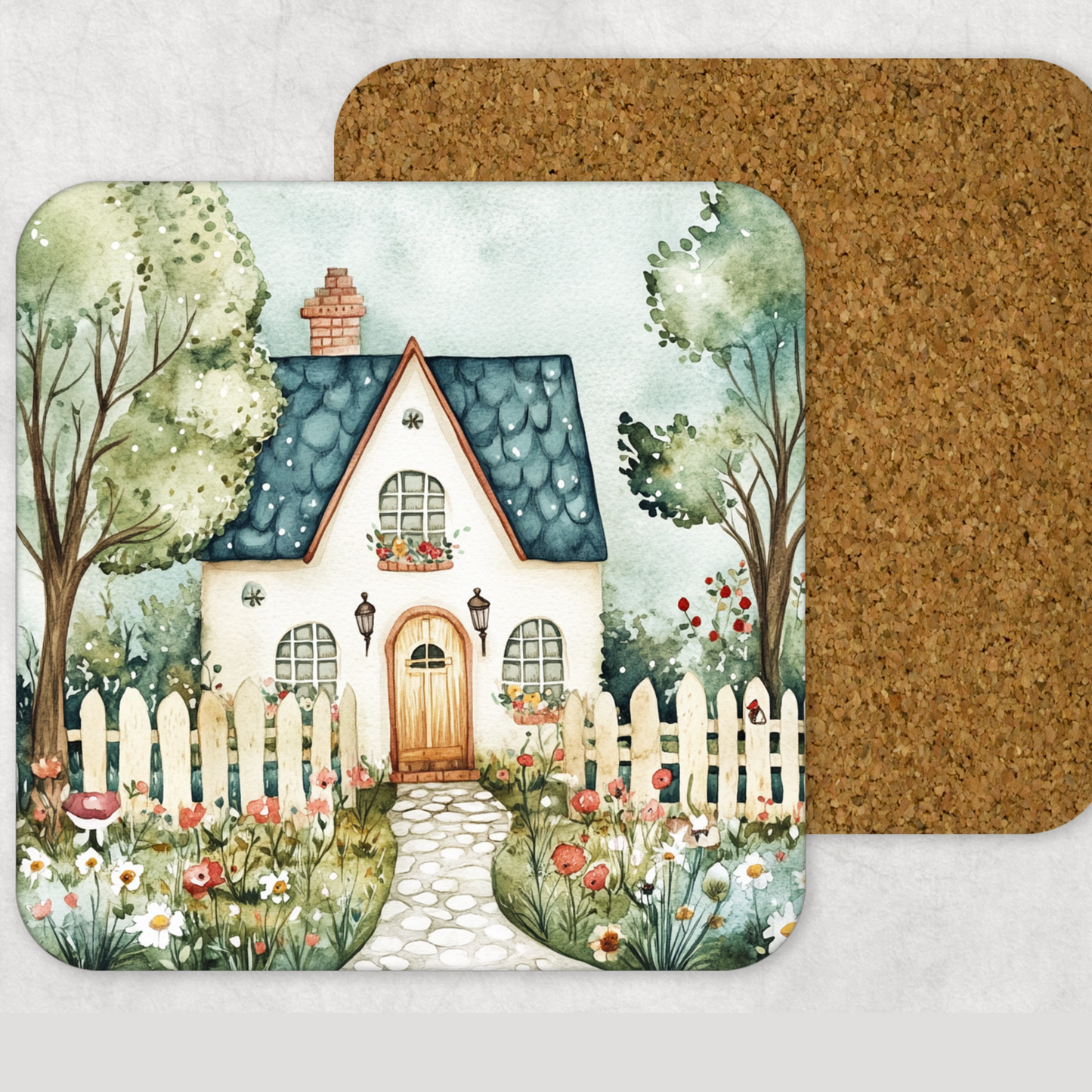 Whimsical Cottage Wooden Square Coasters