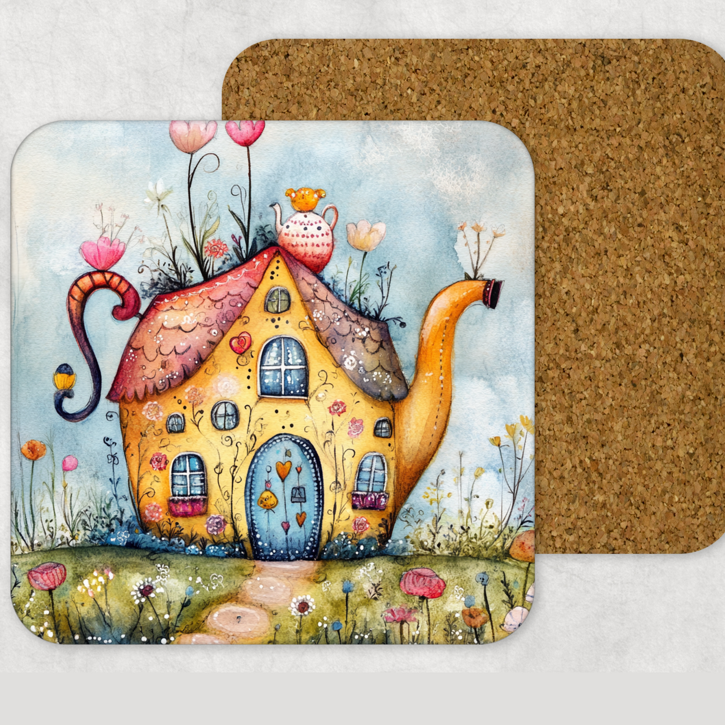 Whimsical Teapot Wooden Square Coasters