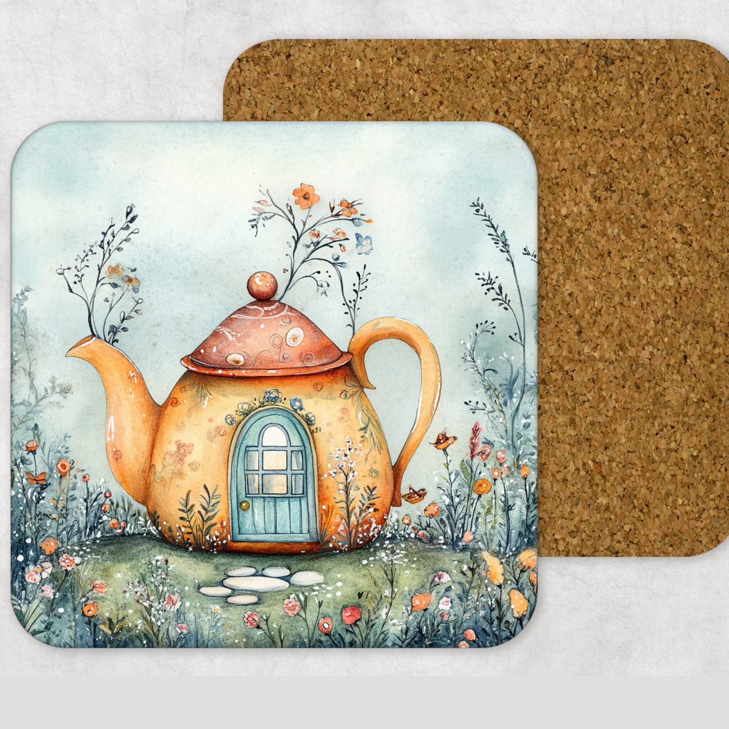 Whimsical Teapot Wooden Square Coasters