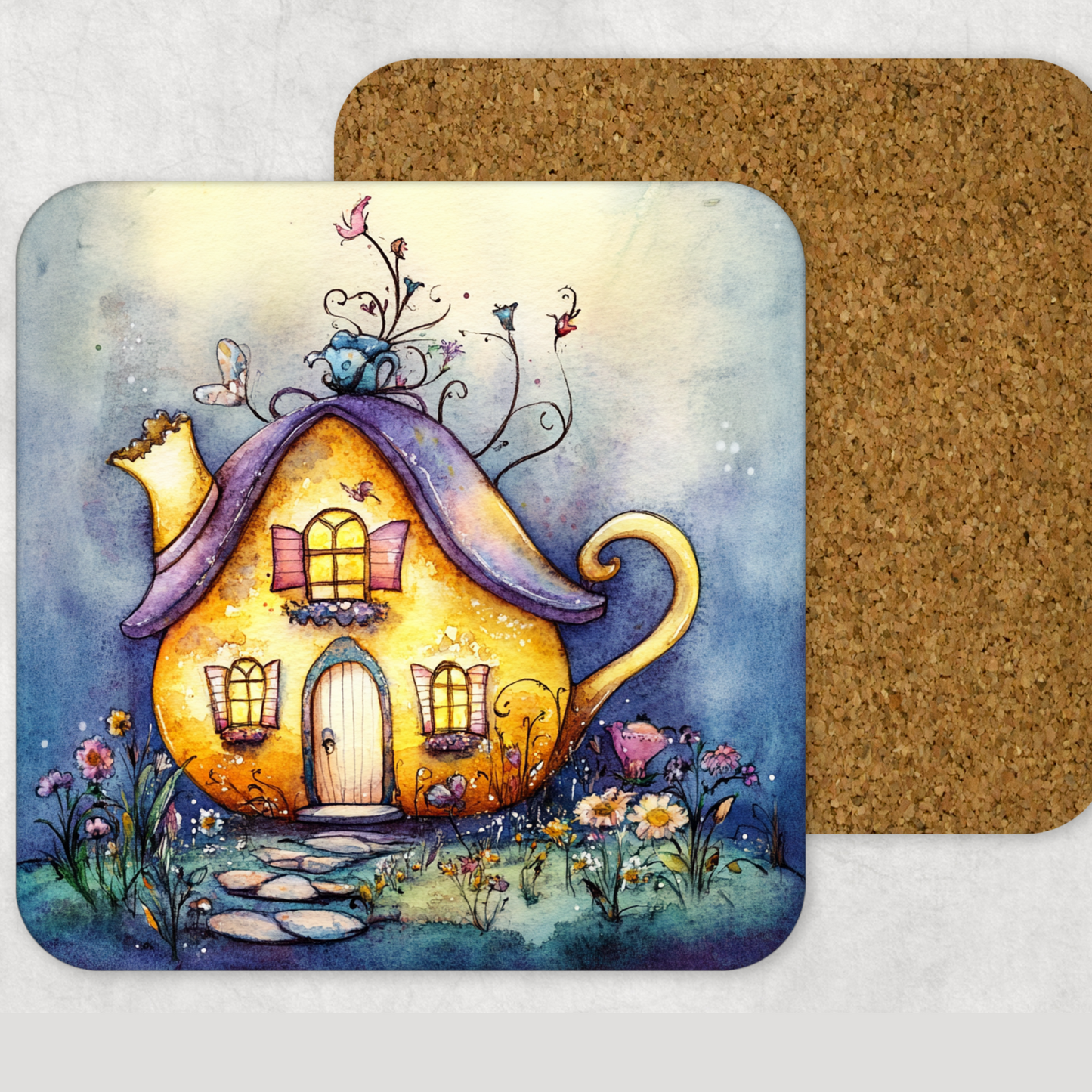Whimsical Teapot Wooden Square Coasters