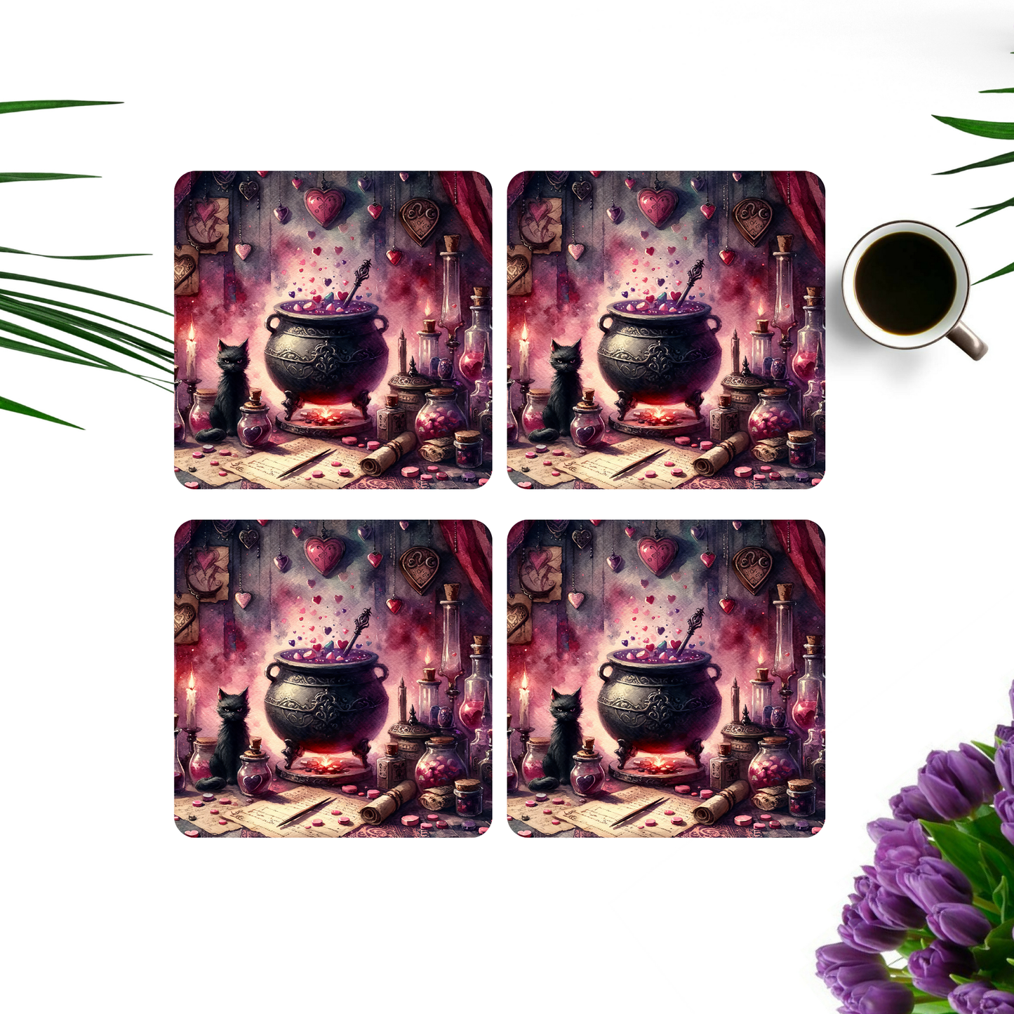 Beautifully Printed Witchy Love Wooden Coasters for Stylish Home Décor