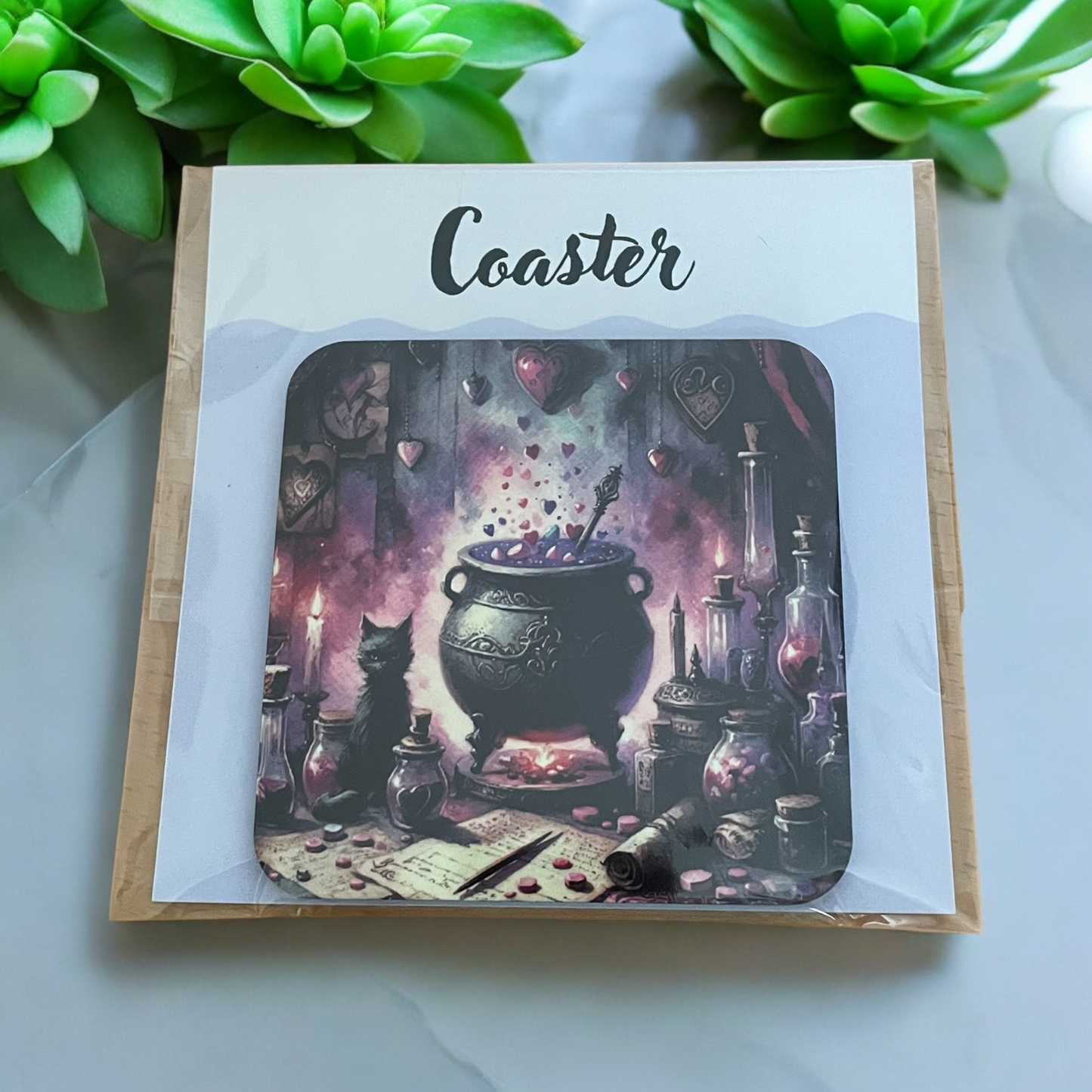 Beautifully Printed Witchy Love Wooden Coasters for Stylish Home Décor