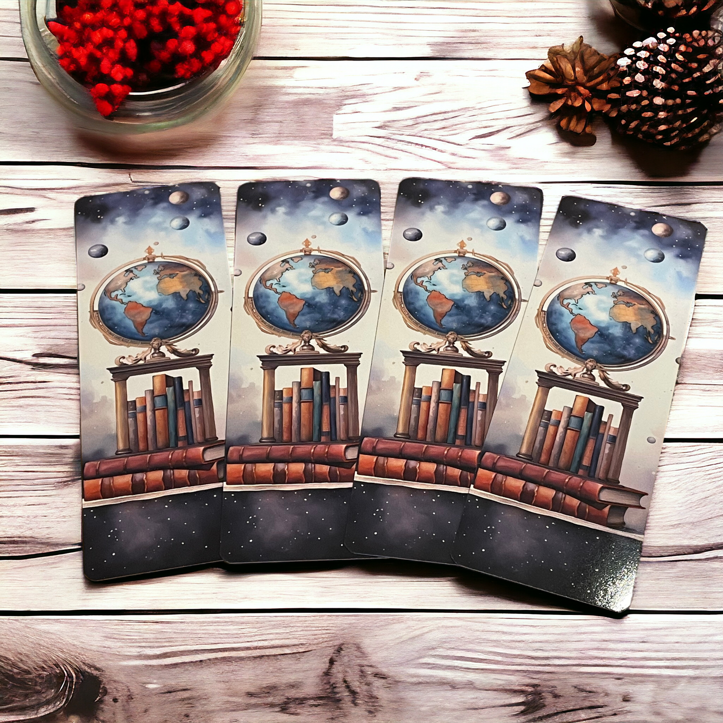 Lovely illustrated printed Globe on Books bookmark, Page Saver, Book Lover Gift,