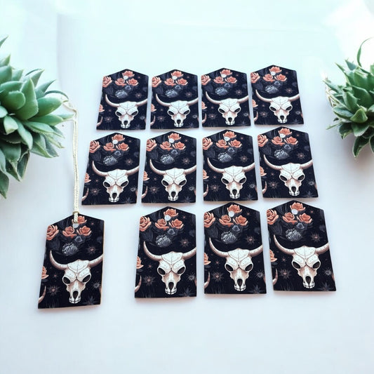 12 X Cow Skull Gift Tags, Gift Wrapping, Luggage Tags, Card Making