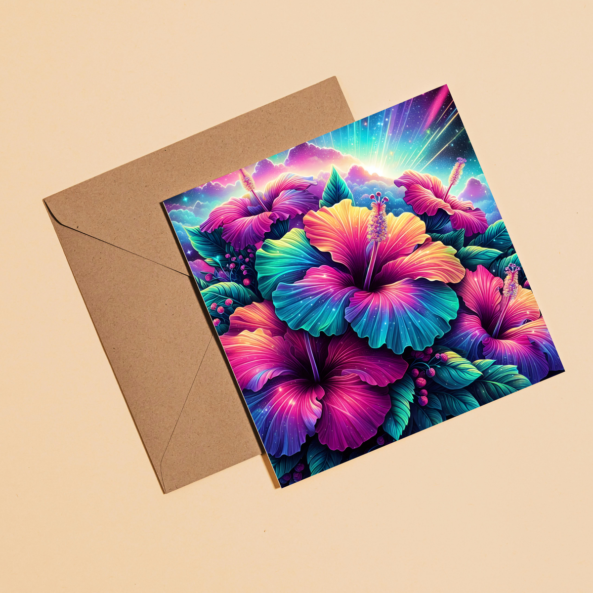 Neon Hibiscus Greeting Card –Illustrated Blank Birthday Card