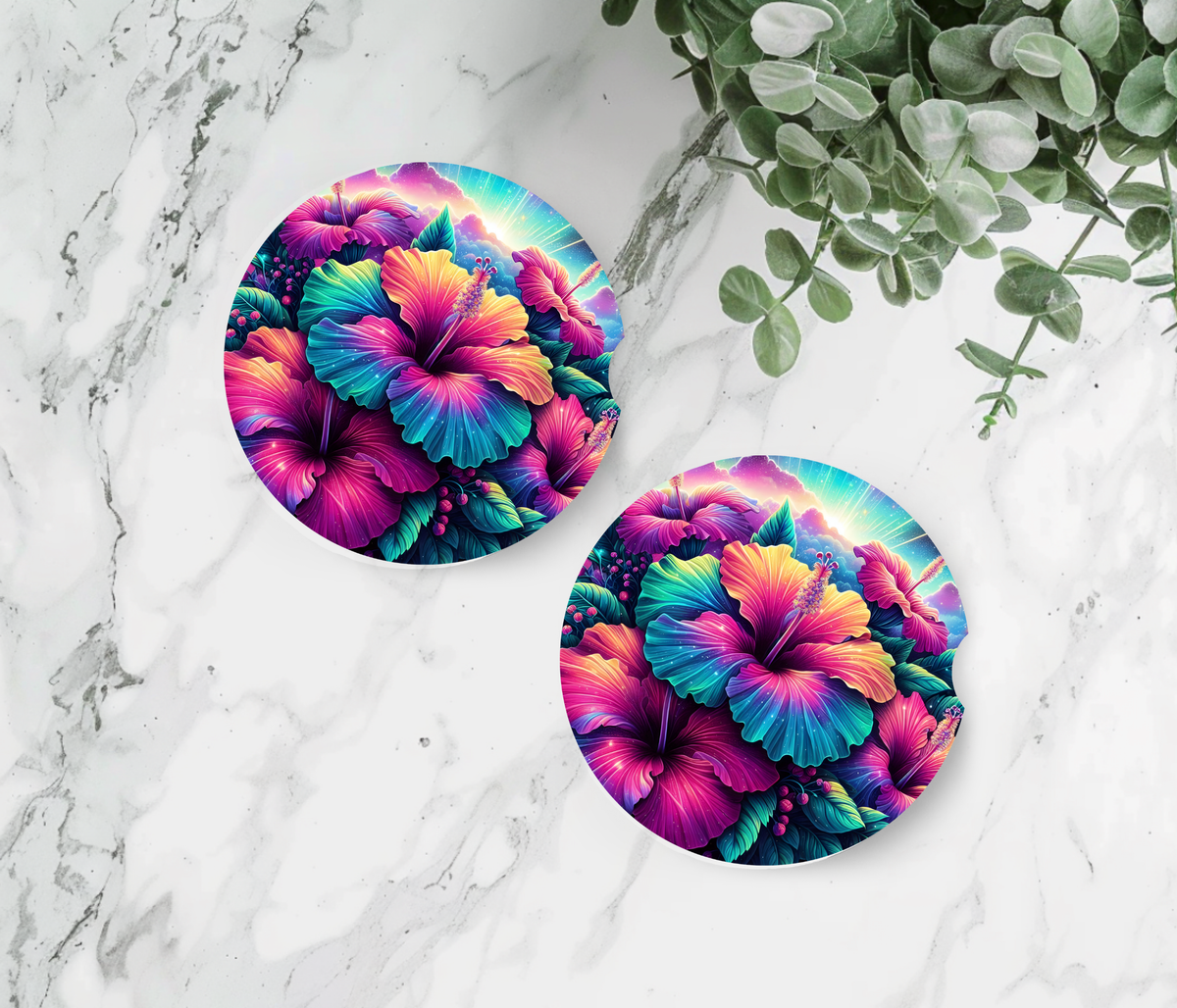 Premium Neoprene Neon Hibiscus  Car Coasters | Drink Holders for Your Car Console - Set of 2