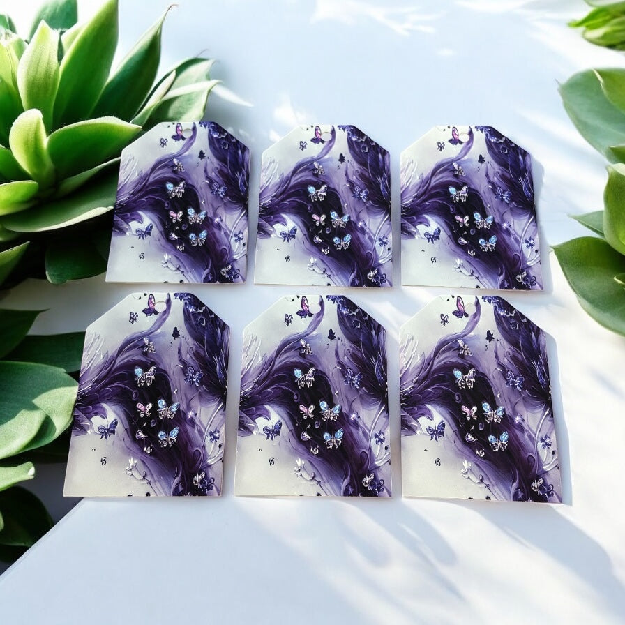12 X Purple Floral Butterflies Gift Tags, Gift Wrapping, Luggage Tags, Card Making