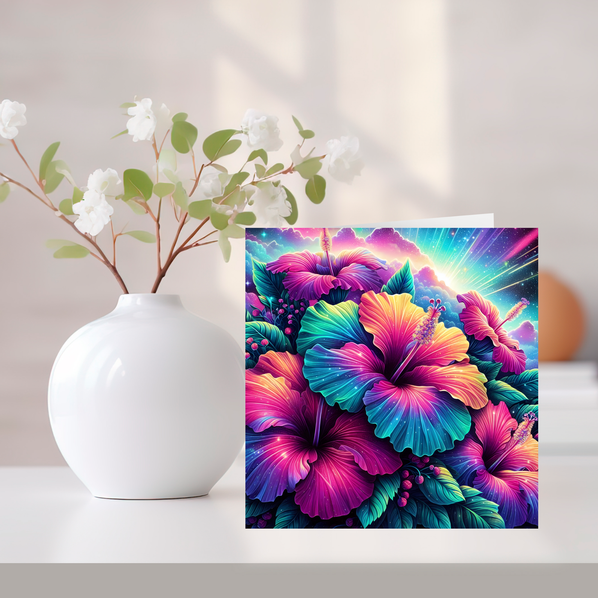 Neon Hibiscus Greeting Card –Illustrated Blank Birthday Card