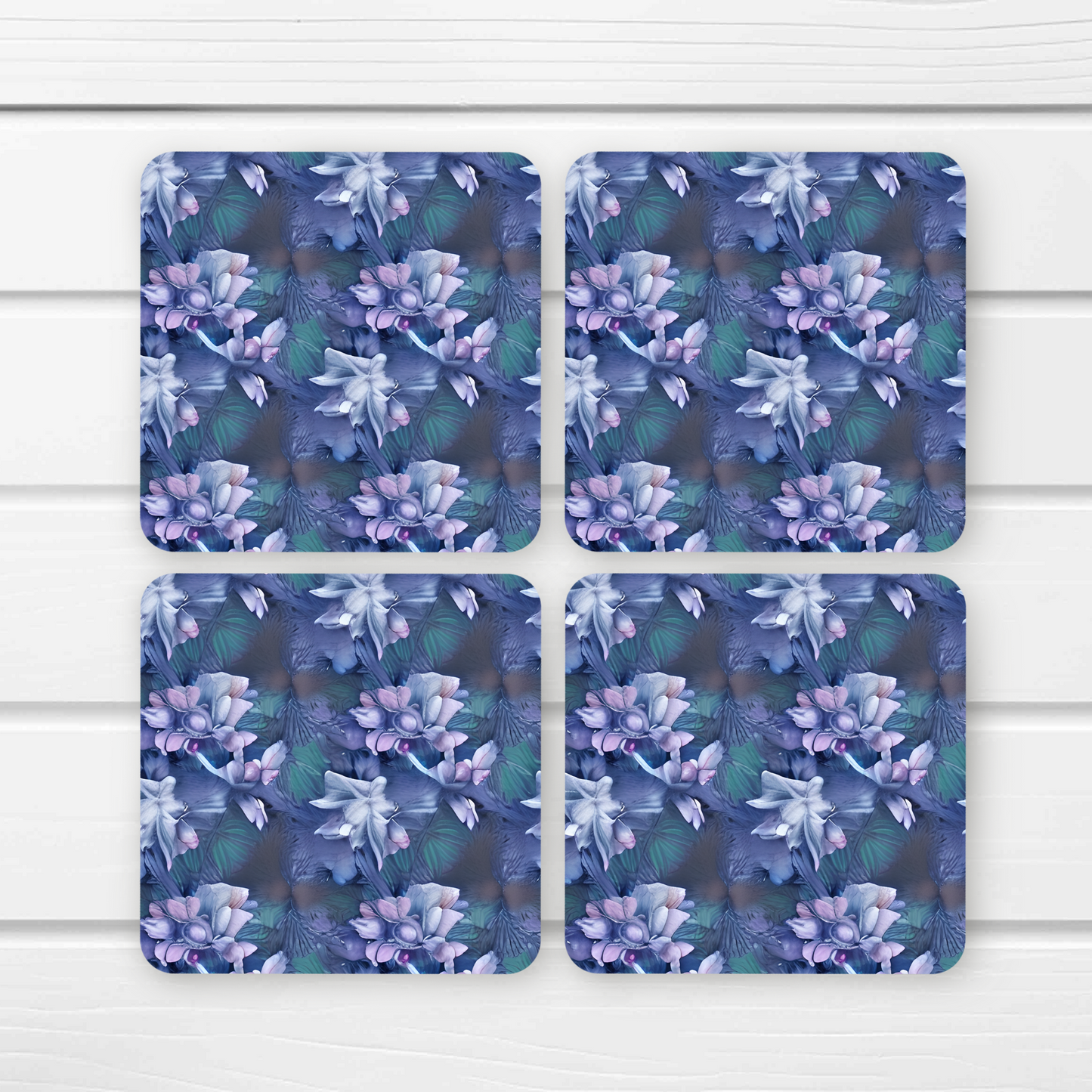 Beautifully Printed 3D Moody Indigo Flowers Wooden Coasters for Stylish Home Décor