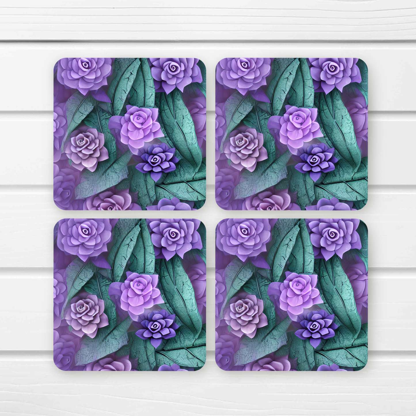 Beautifully Printed 3D Pastel Flowers Wooden Coasters for Stylish Home Décor