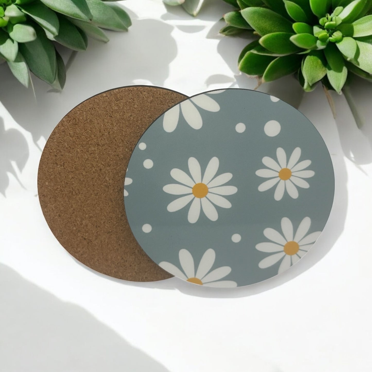 Printed  Blue Daisy Wooden Coasters for Stylish Home Décor