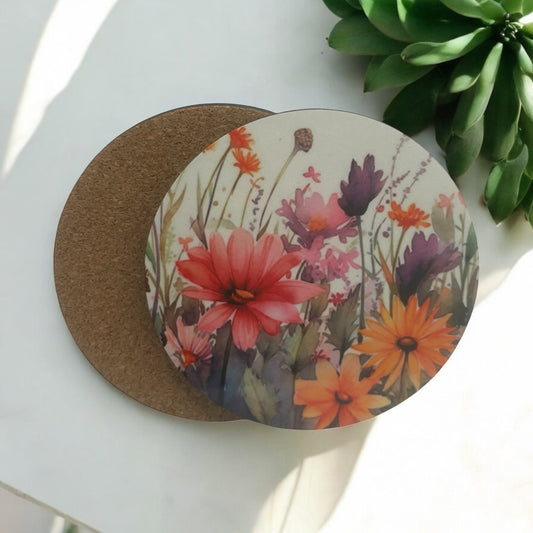 Printed  Meadow Flowers Wooden Coasters for Stylish Home Décor