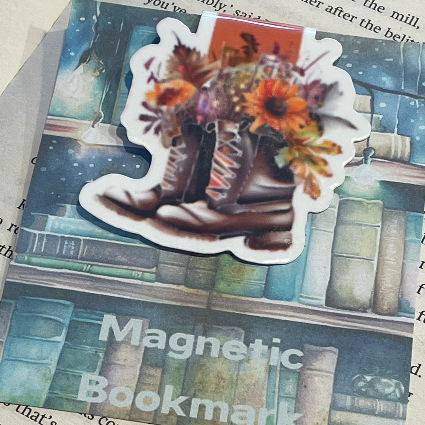 Lovely illustrated printed Autumn Boots Magnetic bookmark, Page Saver, Book Lover Gift,