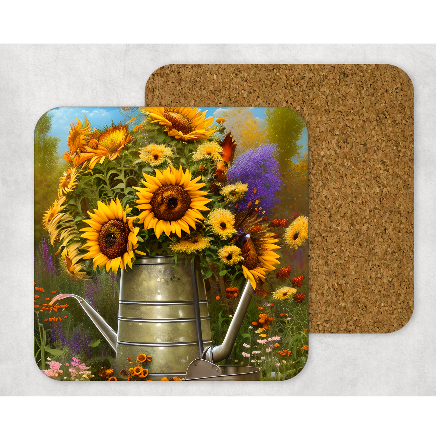 Beautifully Printed Autumn Flowers in Watering Can wooden Coasters for Stylish Home Décor