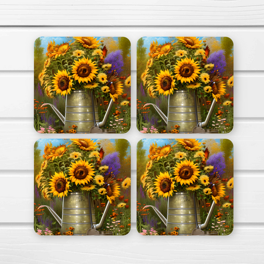 Beautifully Printed Autumn Flowers in Watering Can wooden Coasters for Stylish Home Décor