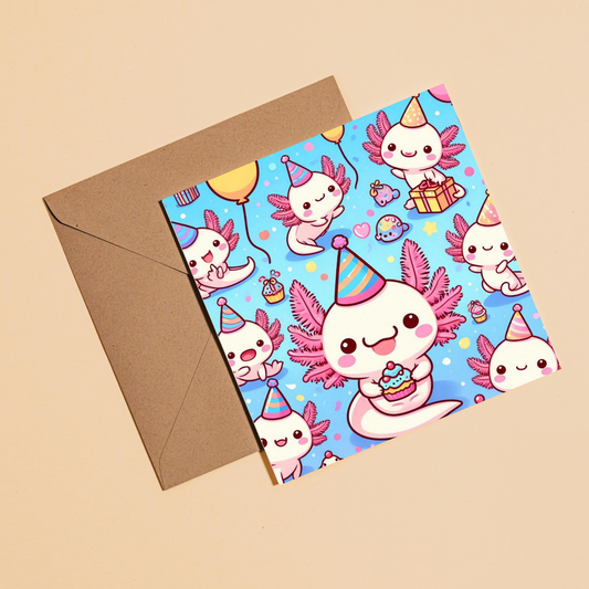 Axolotl Party Greeting Card –Illustrated Blank Birthday Card