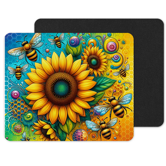 Printed Anti-Slip Mouse Mat Pad - Bee Sunflower Design