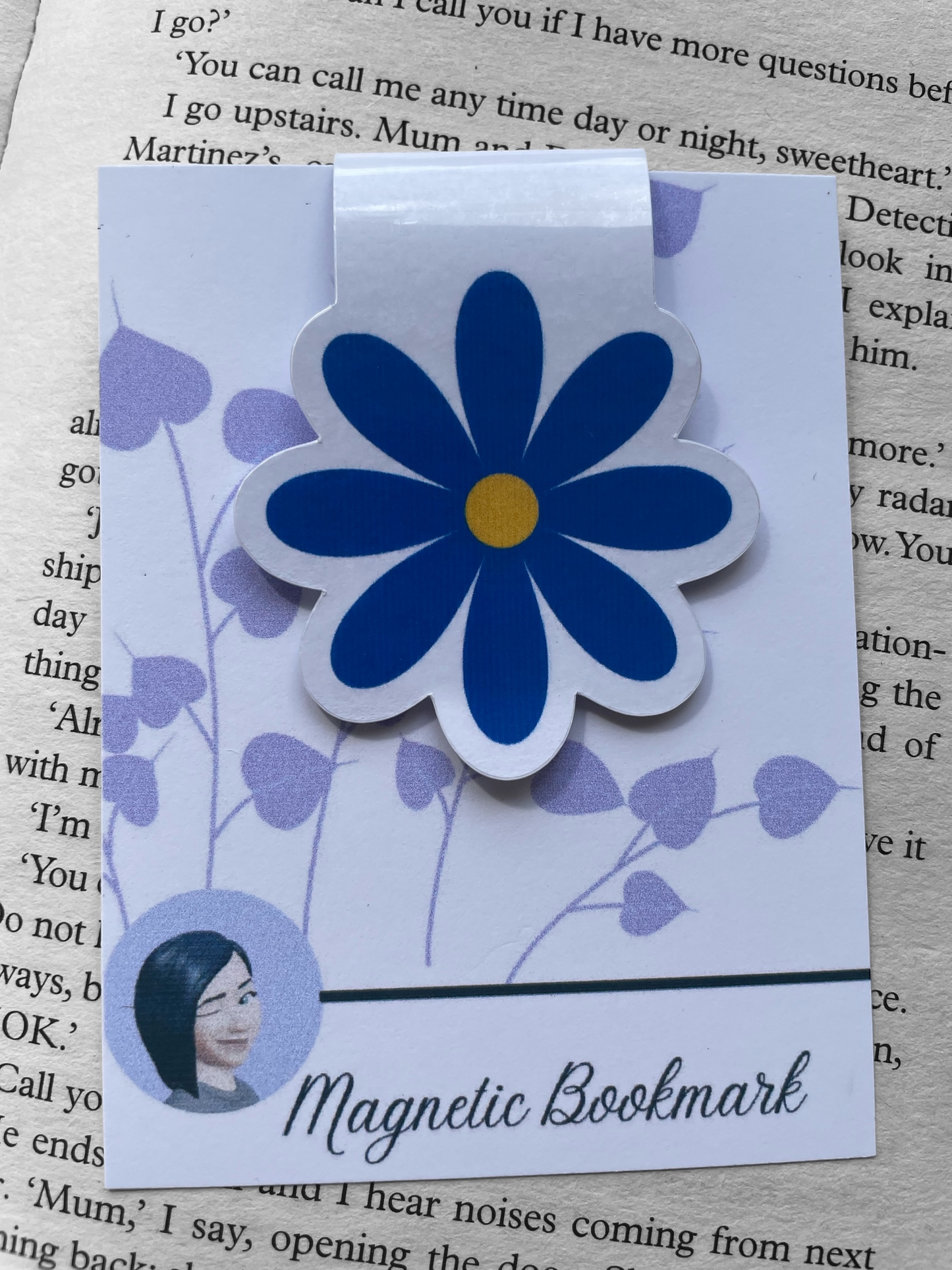 Lovely illustrated printed Blue Daisy Magnetic bookmark, Page Saver, Book Lover Gift