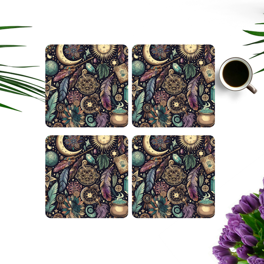 Beautifully Printed Boho Witchy  Wooden Coasters for Stylish Home Décor