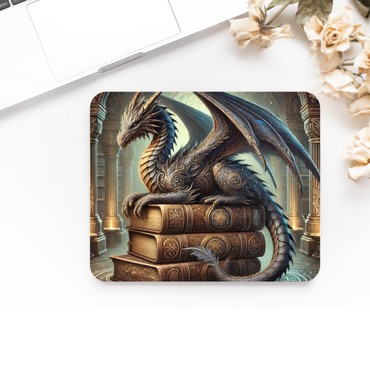 Printed Anti-Slip Mouse Mat Pad - Book Dragon Design