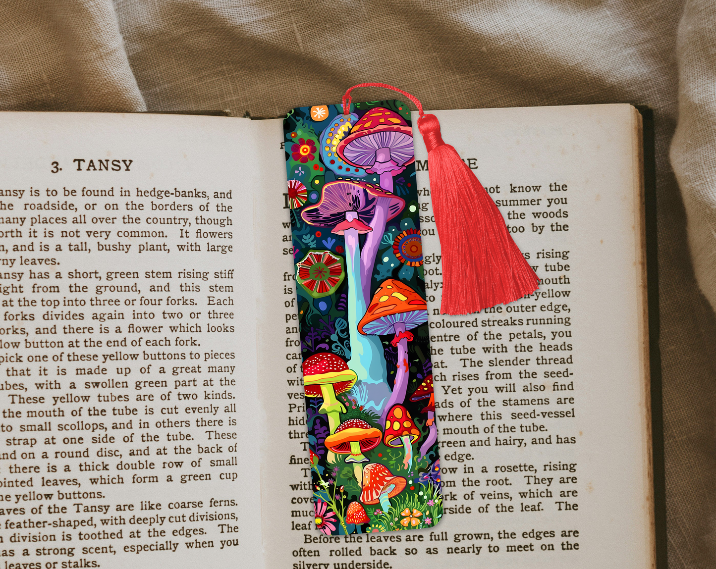 Bright Mushrooms Aluminium Bookmark with Tassel - Stylish Metal Page Marker for Books and Journals